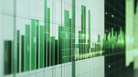 This image features a green-themed data visualization with vertical bar graph elements, symbolizing growth and analytics in a modern business context.の素材