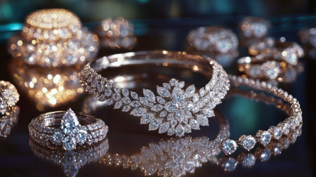 A stunning arrangement of elegant jewelry featuring sparkling diamonds on a reflective surface, showcasing beauty and luxury for fashion enthusiasts.の素材