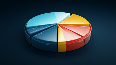 A vibrant 3D pie chart visualizing data segments, perfect for business analytics and presentations. Ideal for reports and infographic designs.の素材