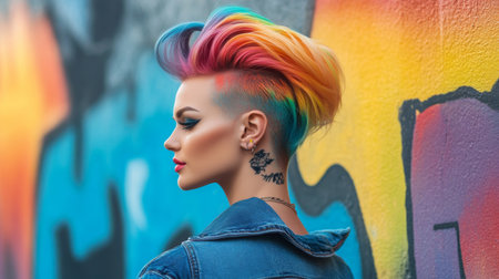 A stylish woman showcases a vibrant rainbow haircut against a colorful street art mural, reflecting modern urban fashion and unique self-expression.の素材