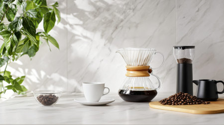 A serene coffee brewing setup featuring a glass dripper, fresh coffee beans, and a white cup, surrounded by lush greenery on a marble surface.の素材