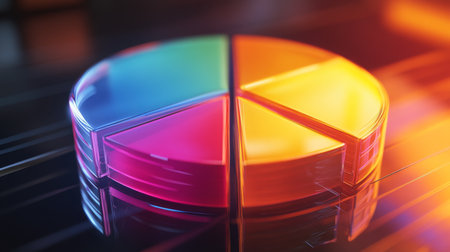 A vibrant pie chart displaying distinct colors on a sleek reflective surface. Ideal for business presentations, data analyses, or modern design projects.の素材