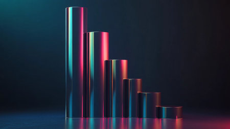 Colorful metallic bars rise in a stylized graph, representing growth and data analysis. The vibrant colors create a modern, artistic feel, ideal for business projects.の素材
