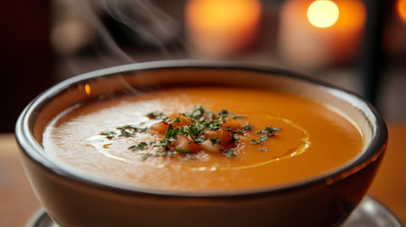 A steaming bowl of warm soup garnished with fresh herbs, perfect for a cozy dining experience. The comforting orange color invites appetites and warmth.の素材
