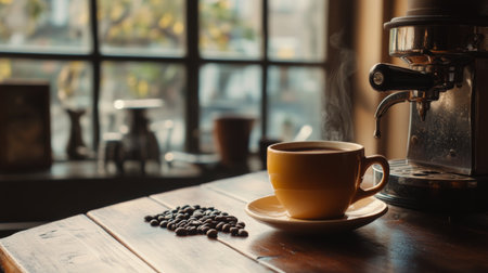 A cozy coffee scene featuring a steaming cup of coffee beside coffee beans and an espresso machine, capturing warmth and comfort in a serene environment.の素材