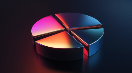 This image features a colorful metallic pie chart shining against a dark background, perfect for illustrating data analysis and modern business concepts.の素材