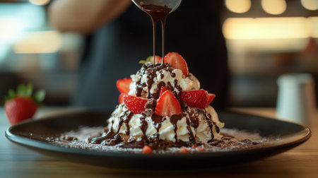 A mouthwatering dessert featuring layers of whipped cream, fresh strawberries, and rich chocolate sauce, beautifully plated for a delightful presentation.の素材