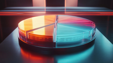 A vibrant and modern pie chart display with colorful translucent segments, perfect for data visualization and business presentations in a sleek environment.の素材