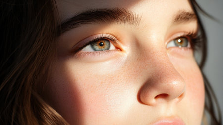 A close-up portrait of a young female face illuminated by natural light, highlighting her freckles and captivating eyes. The image evokes beauty and serenity.の素材