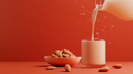 A refreshing pour of creamy almond milk into a glass, accompanied by almonds on a stylish plate, set against a vivid orange background, perfect for health-conscious lifestyles.の素材