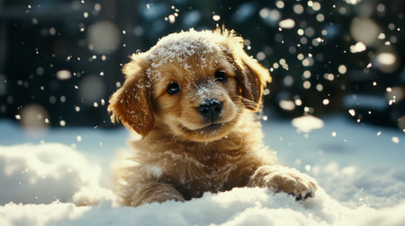 A playful puppy enjoys a snowy landscape, surrounded by falling snowflakes. This adorable scene captures the joy and innocence of winter fun.の素材