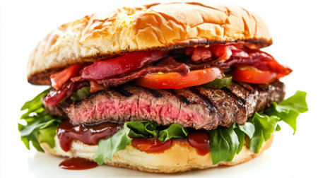 This mouthwatering beef burger features a grilled patty nestled in a soft bun, topped with fresh lettuce, juicy tomato, and rich ketchup, perfect for any meal.の素材