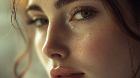 A stunning close-up portrait showcasing the natural beauty and emotion of a young woman. The focus on her eyes and skin reveals charm and vulnerability.の素材