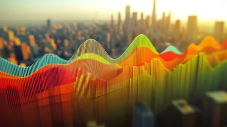 A vibrant and colorful data visualization over a city skyline, showcasing growth and analytics. The dynamic waves depict modern technology and future trends.の素材