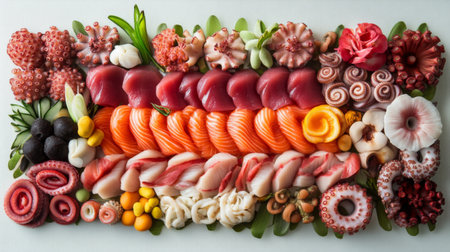 A vibrant seafood platter featuring an assortment of fresh sushi and delicacies. Ideal for culinary enthusiasts and food presentations.の素材