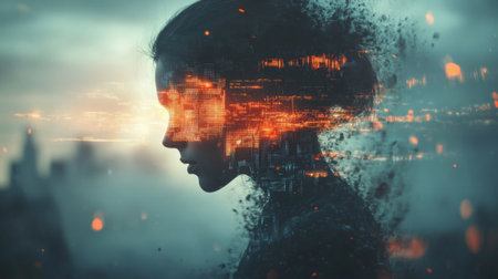 This artistic portrait features a silhouette of a woman blended with an abstract cityscape, creating a dreamlike and serene atmosphere perfect for visual exploration.の素材