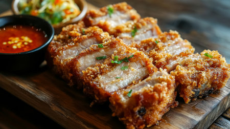 Enjoy a tempting view of crispy fried pork slices on a wooden platter paired with a flavorful dipping sauce and fresh garnish. Perfect for sharing!の素材