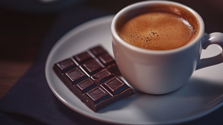 A cozy setting featuring a cup of rich coffee paired with a square of dark chocolate, perfect for a morning indulgence or an afternoon treat.の素材