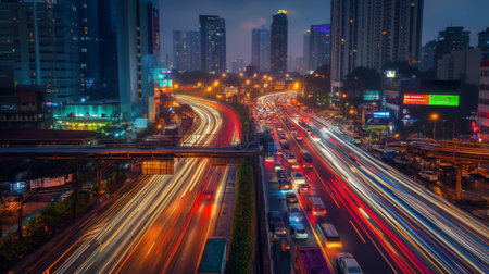 A stunning nighttime view of a bustling city showcasing vibrant traffic and light trails. The modern skyline is illuminated, creating a dynamic urban atmosphere.の素材