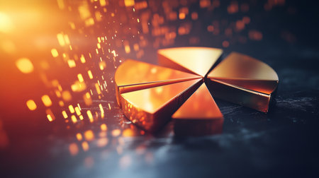 A striking golden pie chart sits against a dark background, illuminated by sparkling light effects. Ideal for representing data in business presentations.の素材