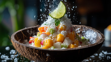 A vibrant tropical fruit salad featuring fresh mango, coconut, and a squeeze of lime. Served in a rustic coconut bowl, perfect for summer indulgence.の素材