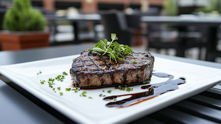 A beautifully grilled steak garnished with fresh herbs and drizzled with sauce, perfect for a gourmet meal in a stylish dining setting.の素材