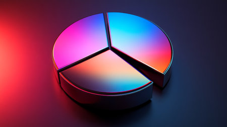 A vibrant 3D pie chart divided into segments, ideal for data visualization in business and marketing presentations. The colorful design attracts attention and enhances insights.の素材