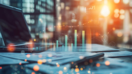 A modern workspace featuring a laptop and charts representing business growth. The background highlights a vibrant urban environment with digital elements.の素材