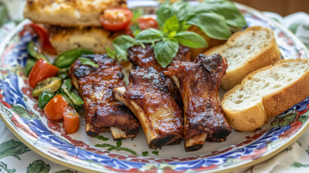 Mouthwatering grilled ribs served with fresh basil, ripe tomatoes, and crusty bread on a vibrant plate, perfect for a summer family meal or gathering.の素材