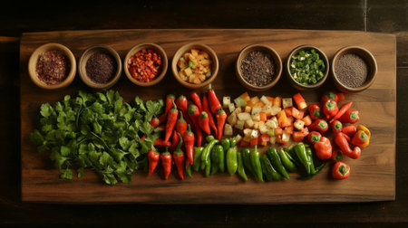 Capture the vibrant colors of fresh vegetables and herbs arranged on a wooden board, ideal for cooking, food photography, or healthy meal preparation.の素材