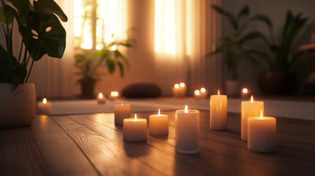 A serene candlelit room featuring glowing candles and lush plants, creating a peaceful ambiance perfect for relaxation and meditation. Ideal for wellness themes.の素材