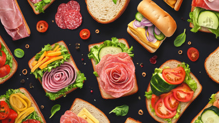 A vibrant assortment of sandwiches featuring fresh ingredients like lettuce, tomato, and various meats, perfect for showcasing meal ideas or catering themes.の素材