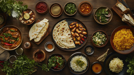 A vibrant assortment of Indian dishes showcases a colorful table spread. Enjoy flavorful curries, rice, flatbreads, and fresh herbs, perfect for sharing.の素材