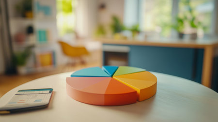 A vibrant pie chart sits on a table in a bright indoor space, symbolizing data analysis and business planning. Perfect for office and workspace themes.の素材