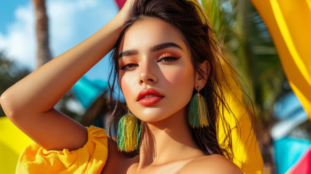 A stunning portrait of a young model showcasing vibrant makeup and colorful accessories against a tropical background, radiating confidence and joy.の素材