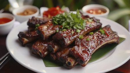 Indulge in tender barbecue ribs topped with fresh herbs, served alongside savory sauces. A delightful dish perfect for gatherings and special occasions.の素材
