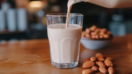 A glass of creamy almond milk being poured, surrounded by almonds on a wooden table. Perfect for healthy, vegan lifestyles and delicious beverages.の素材