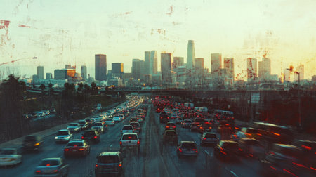 A breathtaking view of urban traffic during sunset, showcasing a vibrant city skyline. The scene captures the hustle of city life, with a blend of vehicles and towering buildings against a colorful sky.の素材
