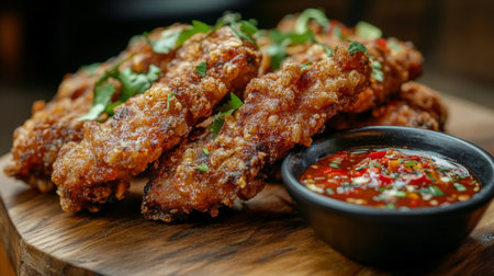 Enjoy a delicious serving of crispy chicken strips garnished with fresh herbs, accompanied by a spicy dipping sauce on a rustic wooden board.の素材