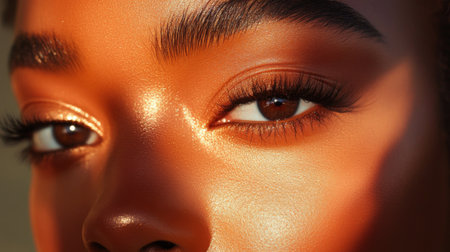 A stunning close-up of a woman's face showcasing glowing skin and captivating eyes. The warm natural light enhances her beauty and makes the scene mesmerizing.の素材