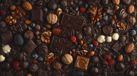 A delightful assortment of chocolates and nuts arranged on a dark background, showcasing a variety of textures and flavors. Perfect for gourmet cooking, recipes, and indulgent treats.の素材