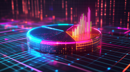 This vibrant digital artwork features an abstract pie chart and dynamic graphs, showcasing data visualization and analytics in a colorful neon style.の素材