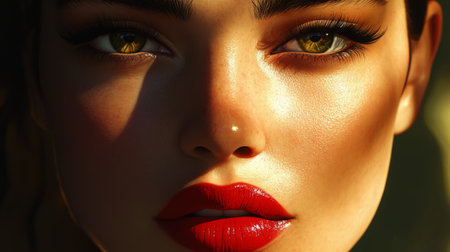 This striking portrait showcases a beautiful woman with bold makeup, highlighted by dramatic lighting and rich colors, emphasizing her features and expression.の素材
