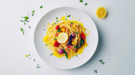A beautifully presented plate of vibrant pasta topped with fresh vegetables and a slice of lemon, showcasing a healthy and delicious meal option.の素材