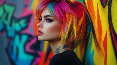 This portrait features a model with vibrant, colorful hair against a graffiti background, showcasing a fusion of creativity, fashion, and youthful energy.の素材