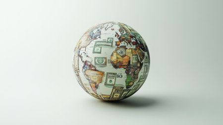 A creative globe featuring various banknotes and currency designs, symbolizing global finance and economy. An artistic representation of wealth and trade.の素材