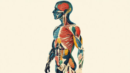 Explore a vibrant illustration of human anatomy, showcasing detailed muscles, internal organs, and systems. Ideal for educational and medical use.の素材