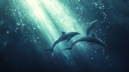 A serene underwater scene featuring graceful dolphins swimming in the deep blue ocean, illuminated by soft rays of light through the water surface.の素材