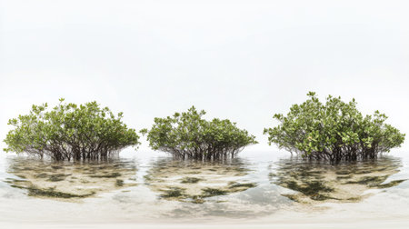 A picturesque scene of mangroves rising from calm waters, showcasing vibrant greenery and stunning reflections. An ideal representation of nature's beauty and ecosystem.の素材