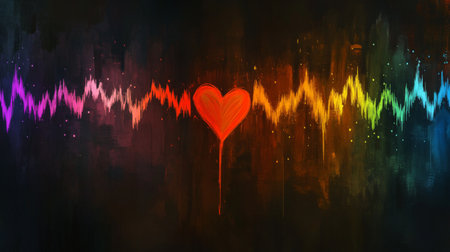A captivating image featuring a colorful heartbeat wave with a central red heart. This vibrant abstract design symbolizes love, energy, and emotion, perfect for creative projects.の素材